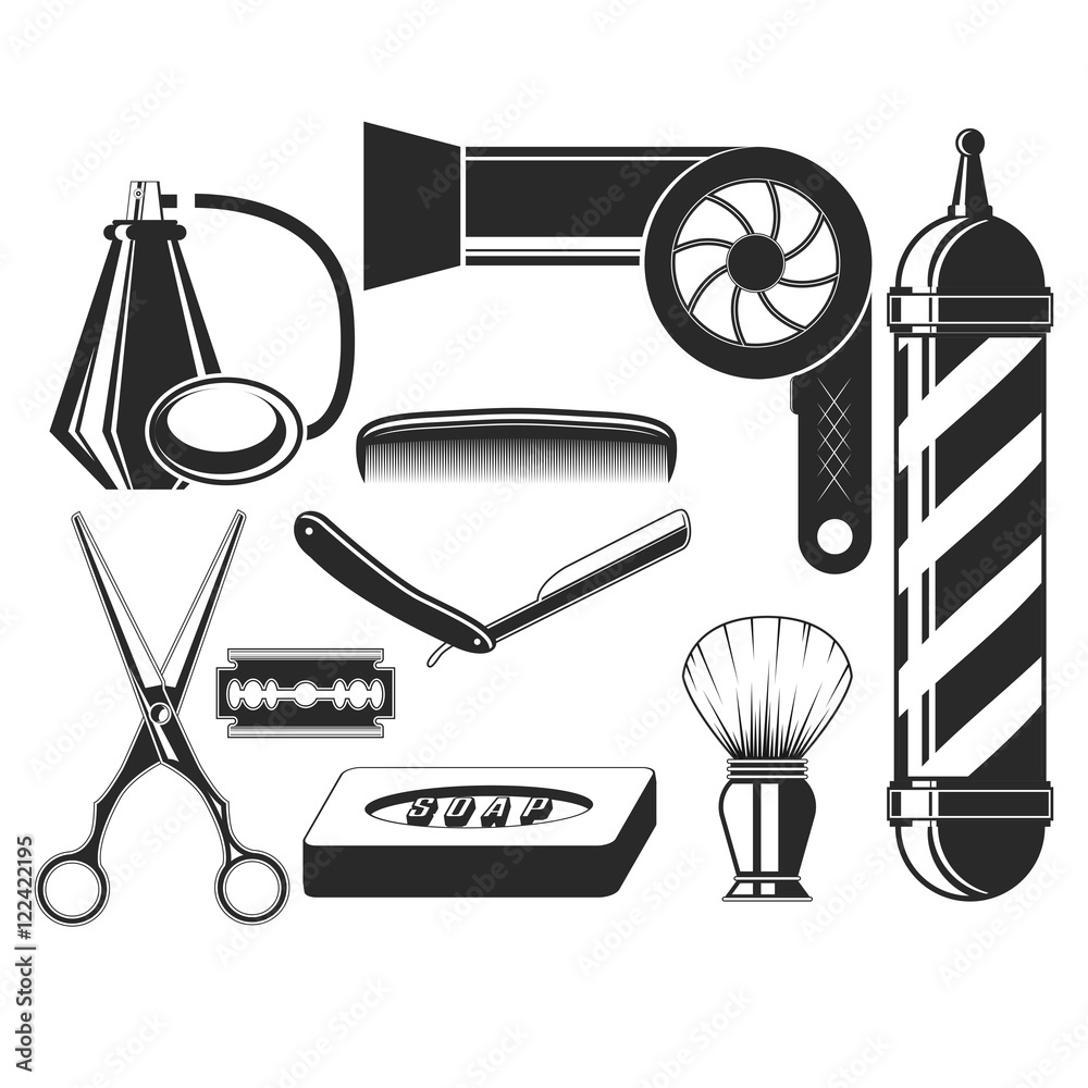 Vector set of hair salon elements in vintage style. Hair cut beauty and  barber shop, scissors, blade, comb, soap, barber pole, hairdryer. Design  elements, icons, badges isolated on white background. Stock Vector |