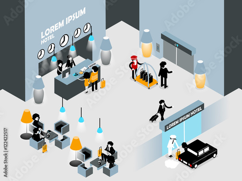 beautiful isometric graphic interior design of hotel lobby,hotel reception