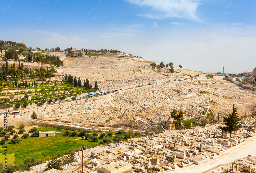Mount of Olives and the old Jewish cemetery in Jerusalem, Israel. Benei Hezir Tomb and Absalom's Tomb foreground.