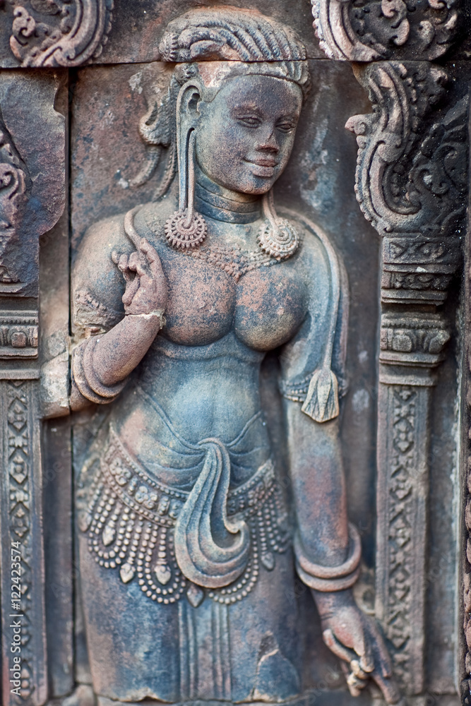 Ancient bas-relief in Banteay Srey Temple, Cambodia