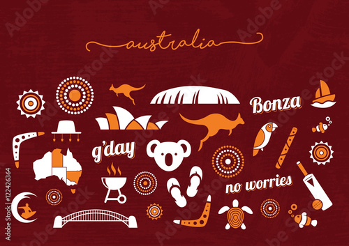 Orange and white Australia icon set on a Deep red background
