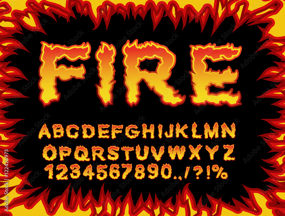 Fire font. Flame Alphabet. Fiery letters. Burning ABC. Hot typog - obrazy, fototapety, plakaty 