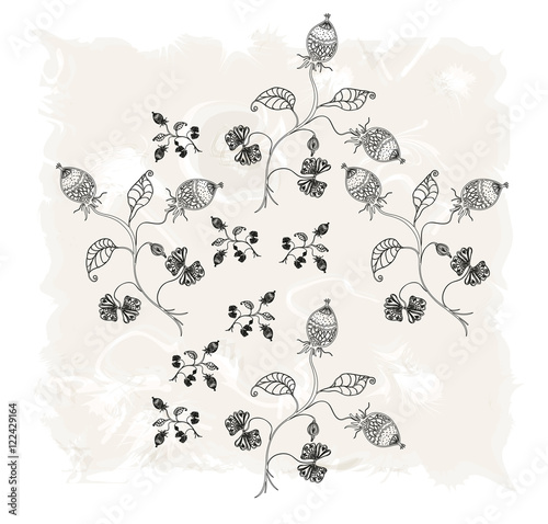 Plants with leaves and gooseberry. Herbal background. Vector illustration.