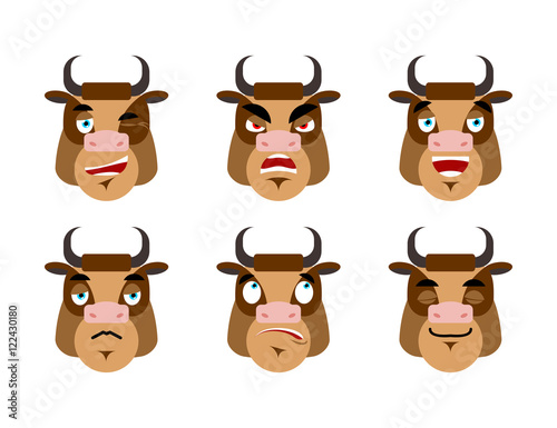 Emotions cow. Set expressions avatar bull. Good and evil. Discou