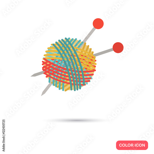 Ball of knitting yarn and needles color flat icon