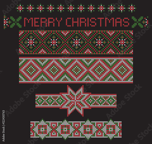 Christmas seamless ribbon patterns, separated from background, cross-stitch embroidery imitation. Pattern brushes are included in vector file.
