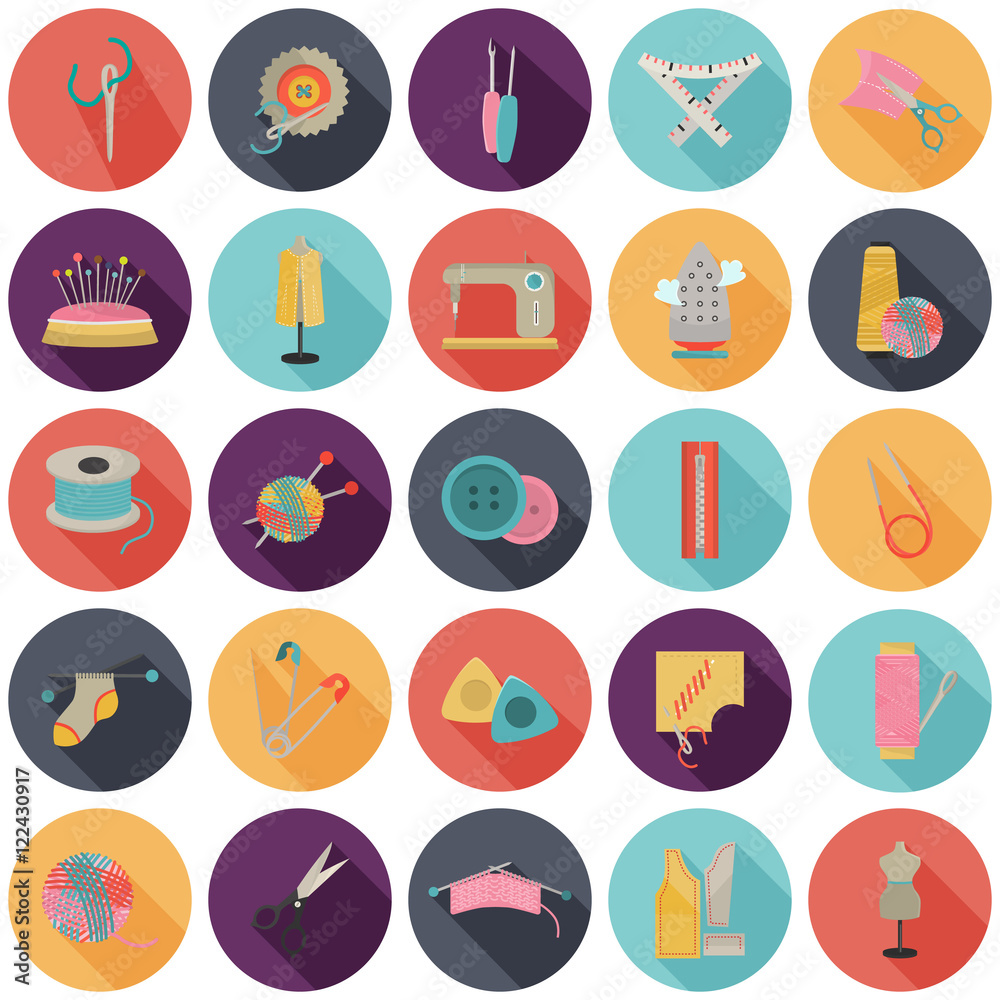 Set of twenty five knitting and sewing color flat icons