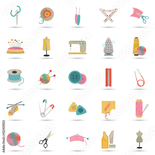 Set of twenty five knitting and sewing color flat icons