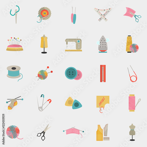 Set of twenty five knitting and sewing color flat icons
