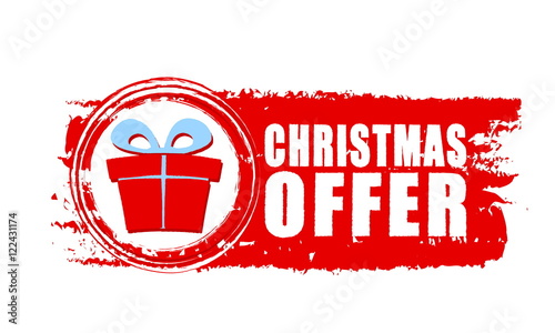 christmas offer and gift box on red drawn banner, vector
