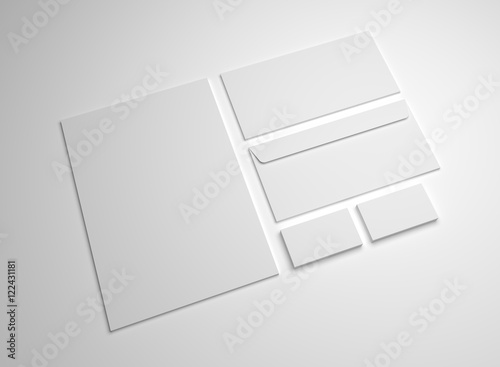 Blank 3d illustration mockup letter, business cards and envelopes.