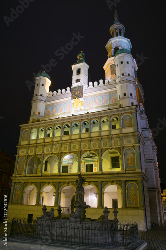 Night photo of Poznan Old Town with Prozerpin's fountain and beautifully decorated facade of the city hall.