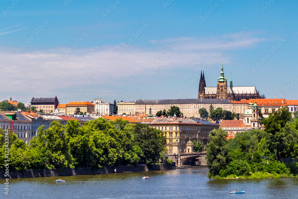 View of Prague Castle and Charles Bridge over Vltava river. Czech Republic.  