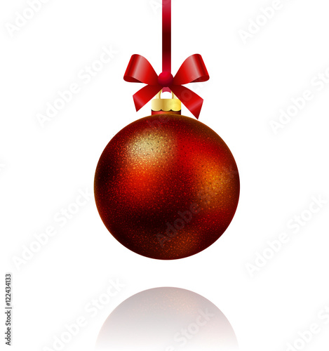 Isolated red Christmas ball hanging on a ribbon