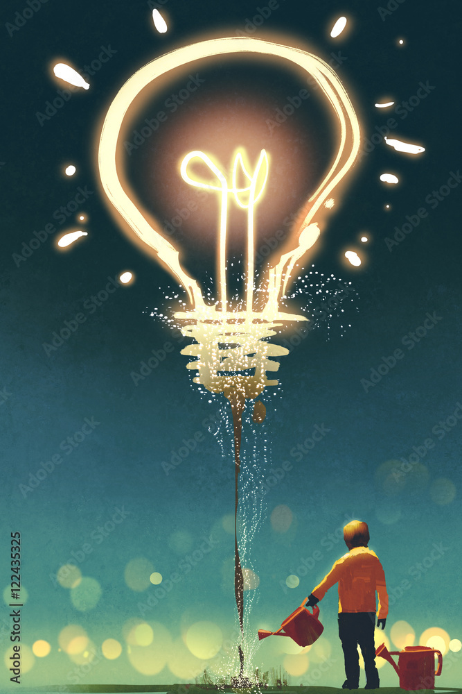 Fototapeta premium kid watering a big light bulb on dark background ,concept for creative,illustration painting