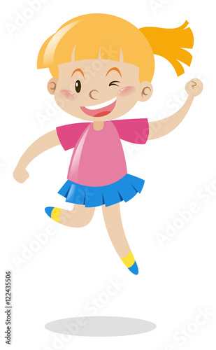 Girl in pink shirt and blue skirt jumping