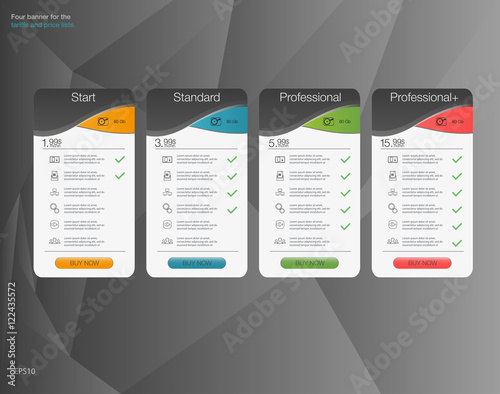 Four banner for the tariffs and price lists. Web elements. Plan hosting. Vector design for web app. Four banner for the clouded sky service. Price list, hosting plans and web boxes banners design.