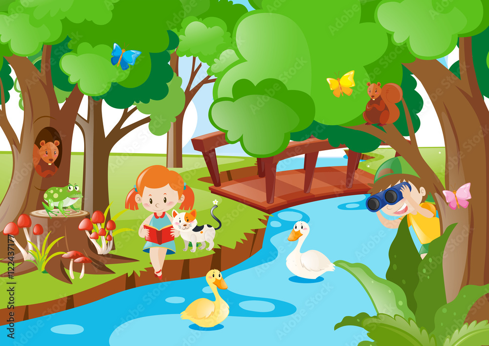 Obraz premium Kids and animals by the river