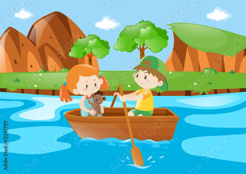 Kids rowing boat in the river