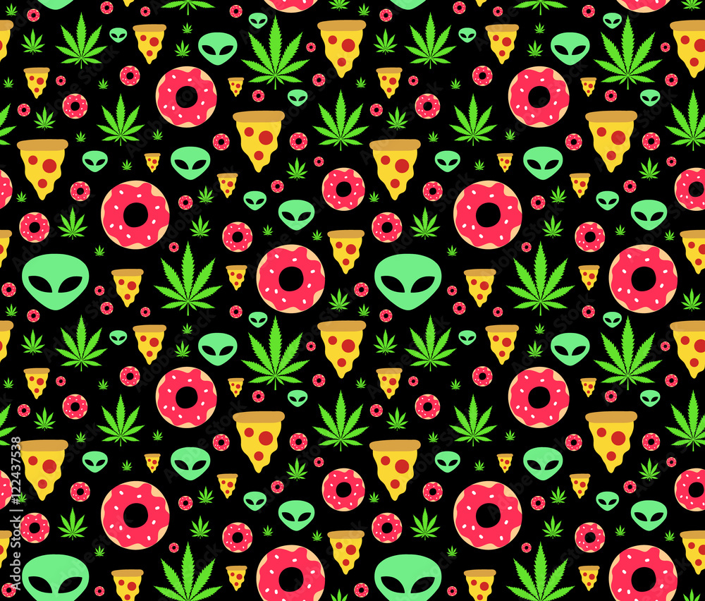 Dope trip flat vector seamless pattern with marijuana leafs, donuts, pizza slices and aliens. Isolated on white background Dope trip flat vector seamless pattern with marijuana leafs, donuts, pizza slices and aliens. Isolated on white background