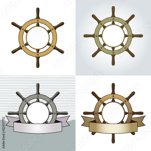 Set of four ship helm vector backgrounds. Shipboard steering wheel with blank banner and space for your text. Vector eps8 illustration.