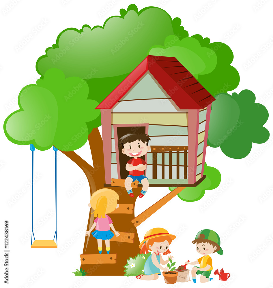 Children playing at the treehouse in garden Stock Vector | Adobe Stock