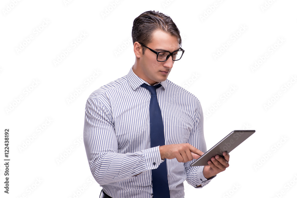 Handsome businessman working with tablet computer isolated on wh Handsome businessman working with tablet computer isolated on wh
