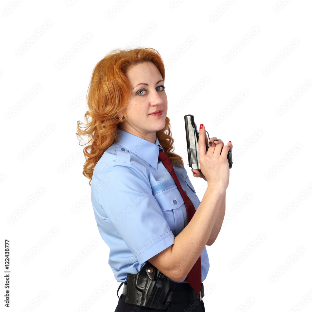 Woman police officer with handgun isolated on white background in square Woman police officer with handgun isolated on white background in square