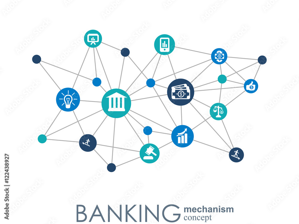 Banking mechanism. Abstract background with connected gears and integrated flat icons. Connected symbols for money, card, bank, business and finance concepts. Vector interactive illustration Banking mechanism. Abstract background with connected gears and integrated flat icons. Connected symbols for money, card, bank, business and finance concepts. Vector interactive illustration