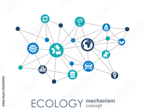 Ecology mechanism concept. Abstract background with connected gears and icons for eco friendly, energy, environment, green, recycle, bio and global concepts. Vector infographic illustration.