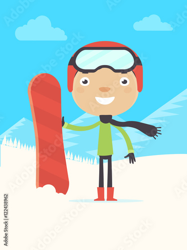 Smiling Boy with Snowboard. Flat Design Style. 