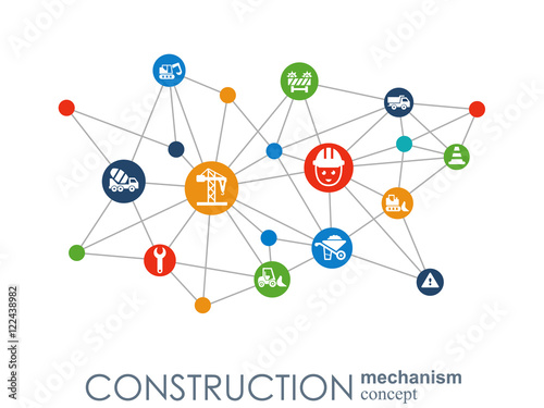 Construction network. Hexagon abstract background with lines, polygons, and integrated flat icons. Connected symbols for build, industry, architectural, engineering concepts. Vector.