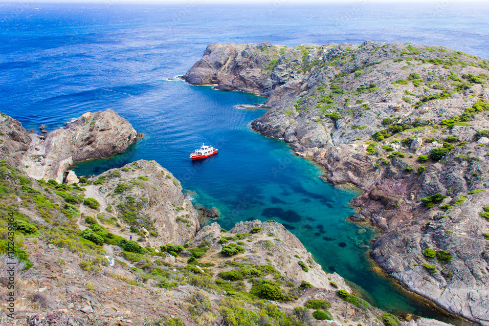Obraz premium Ship at Cap de Creus, Catalonia, Spain. The most eastern point of Spain and the Iberian Peninsula.