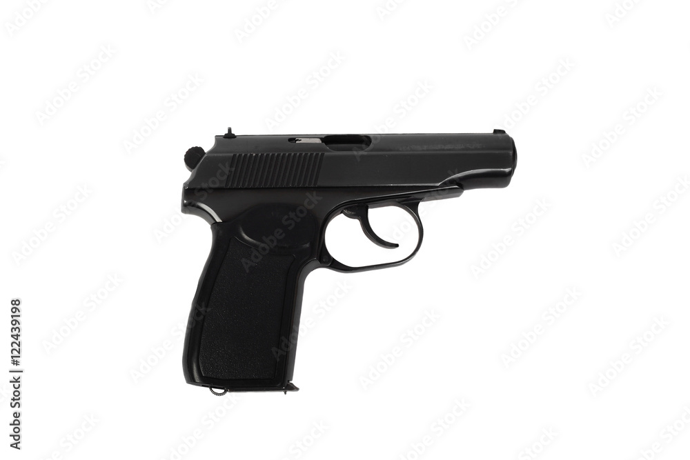 Russian 9mm semi-automatic black handgun PMM isolated on white background