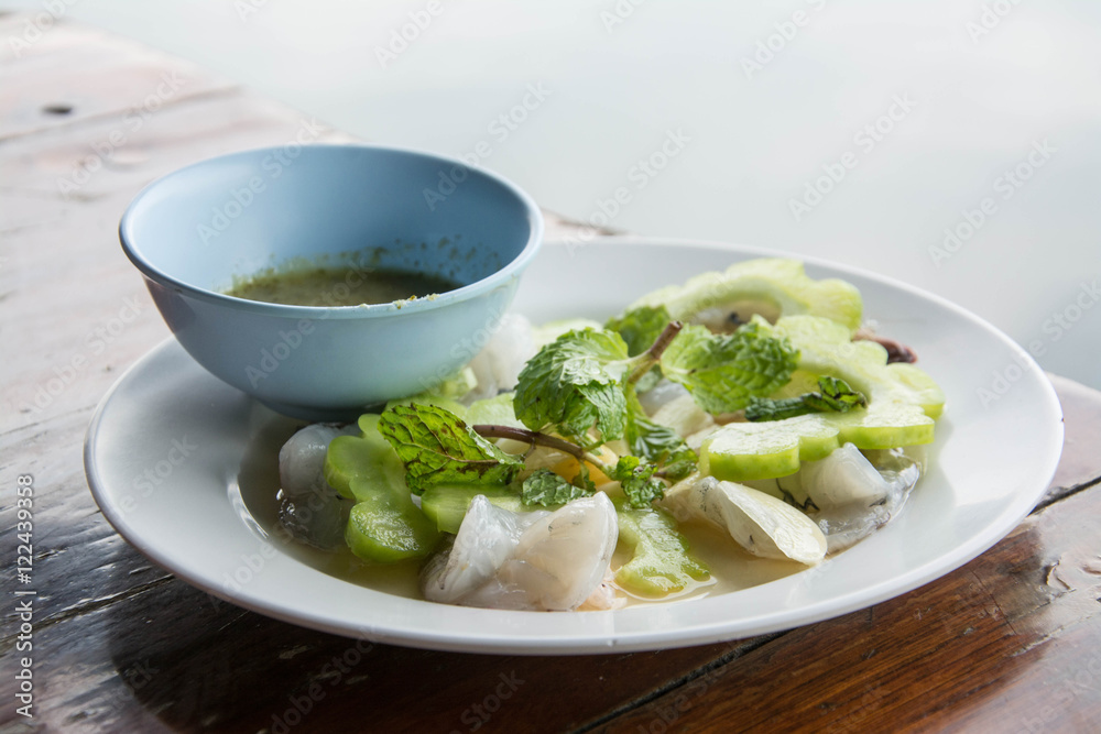 raw shrimp and spicy sauce, seafood thailand (spicy salad shrimp in fish sauce).