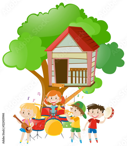 Children playing music under the tree