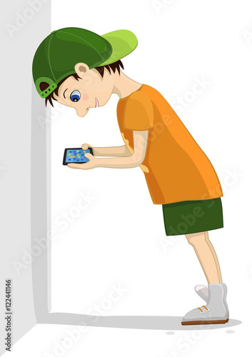 Computer addicted child leans against a wall and attentively looks at his tablet. Game and internet addiction. Vector illustration of comic cartoon boy with a gadget on white background.