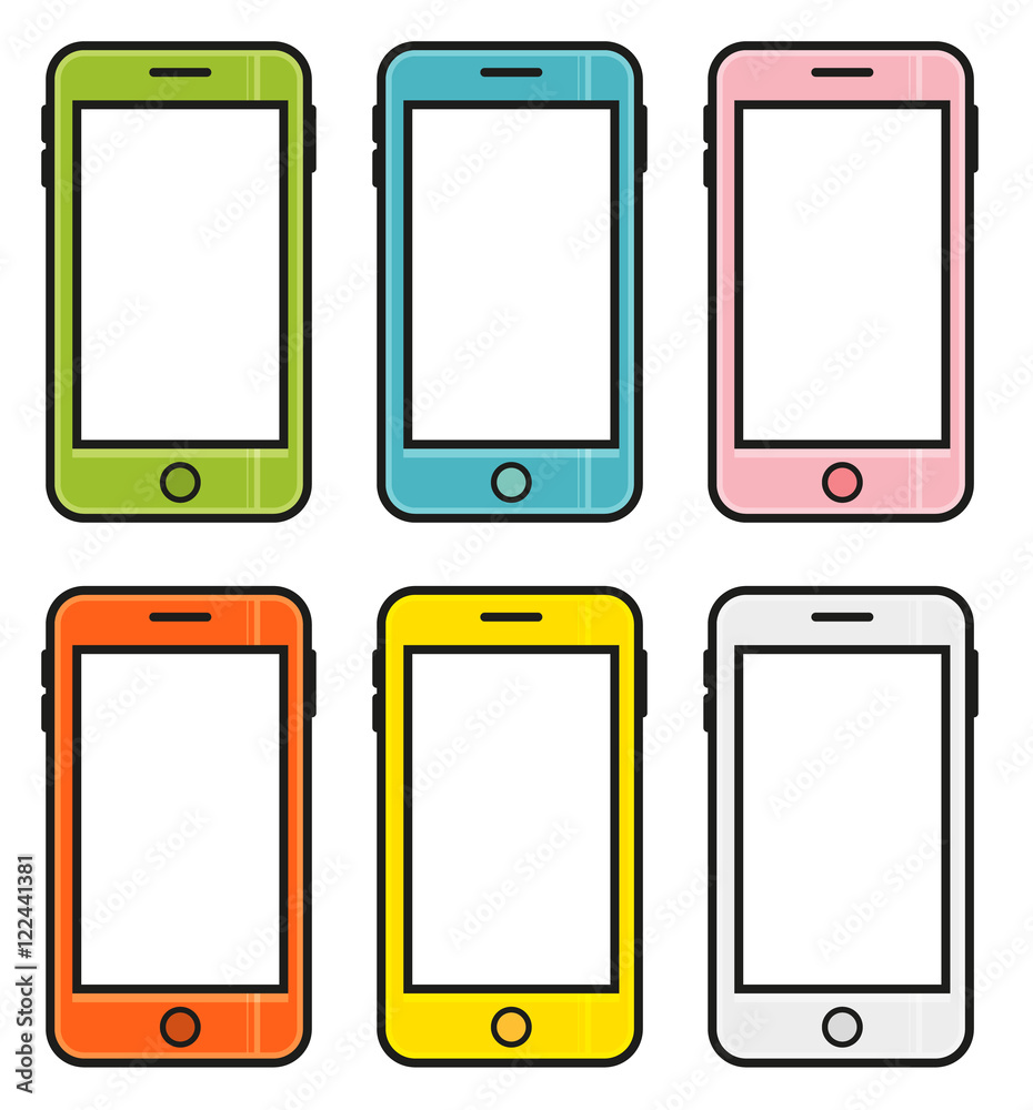 Set of 6 colorful cartoon smart phones, mobile phones isolated on white background Set of 6 colorful cartoon smart phones, mobile phones isolated on white background