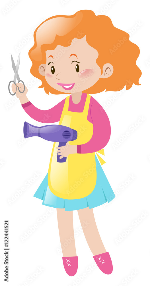 Hairdresser holding pair of scissors and dryer Hairdresser holding pair of scissors and dryer