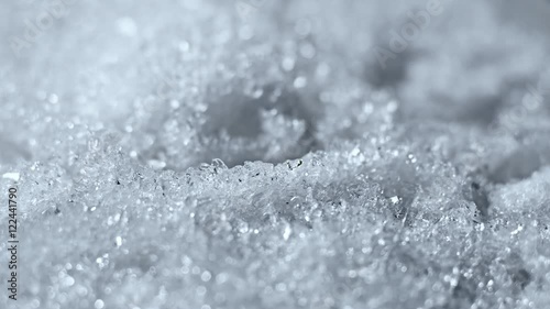 Melting Snow / Melting Ice / Melting Iceberg / Global Warming Effect. Macro time-lapse shot of shiny melting snow particles turning into liquid water. Zooming 5K original.