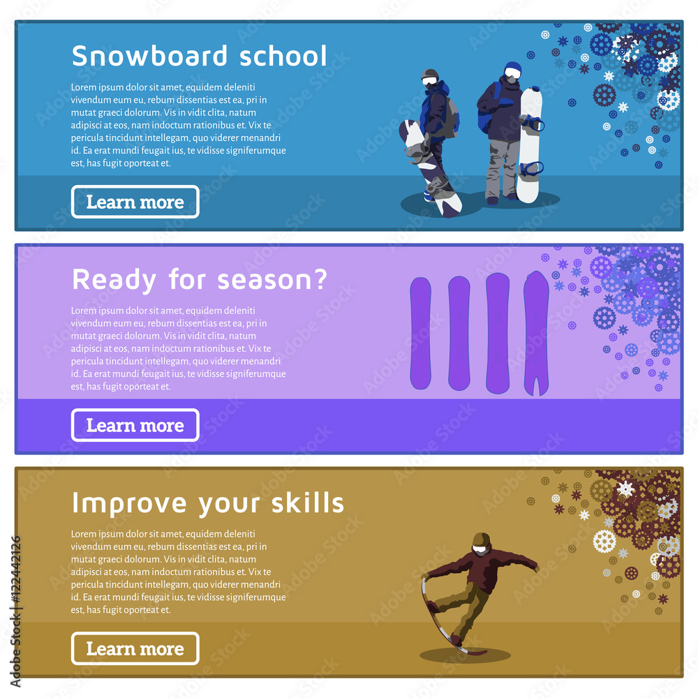 Flat horizontal banners on the theme of snowboarding