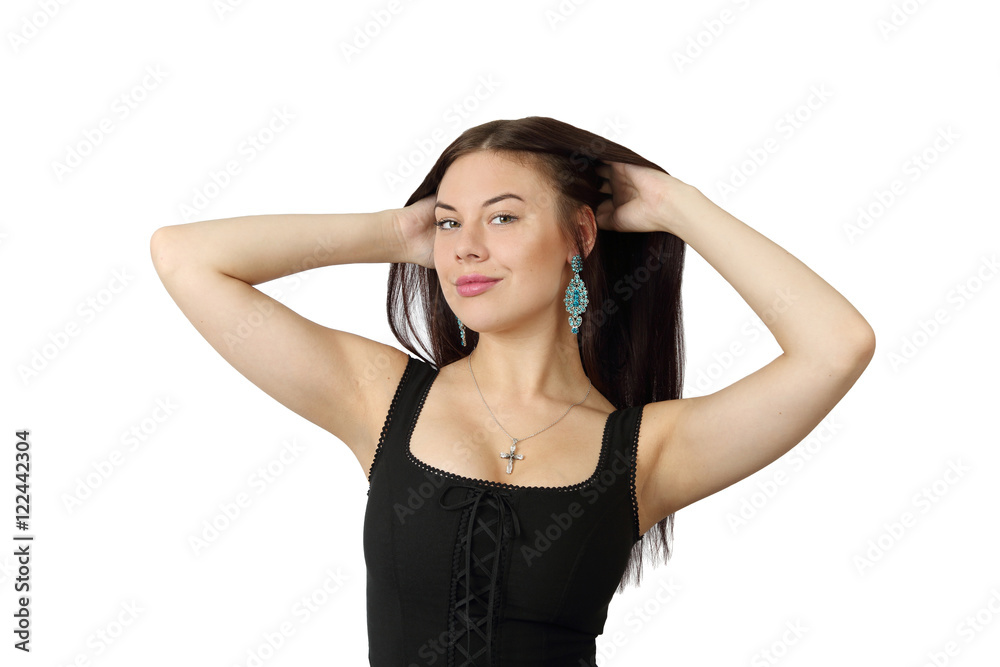 Young pretty woman posing shows her long brunette hair isolated on white background Young pretty woman posing shows her long brunette hair isolated on white background