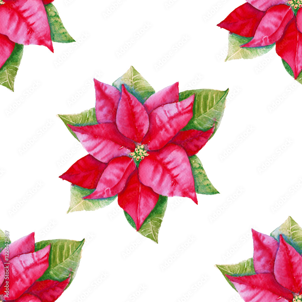 Background with poinsettia leaves. Seamless pattern. Watercolor.