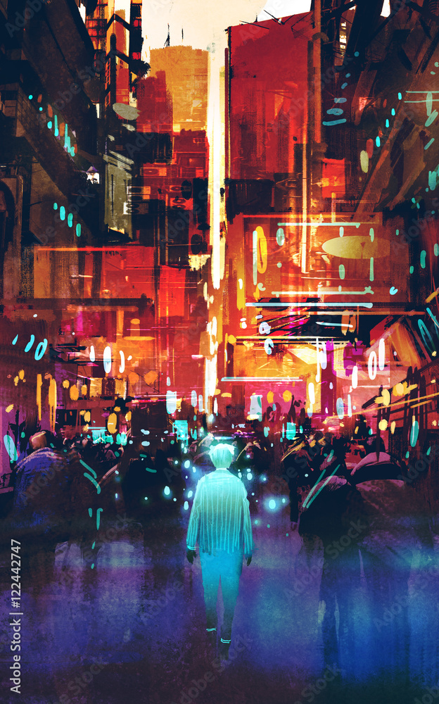 Obraz świecące niebieski człowiek spaceru w futurystycznym mieście z kolorowe światło, malarstwo ilustracja