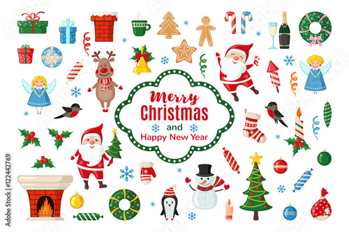 Big set of Christmas icons in flat style.