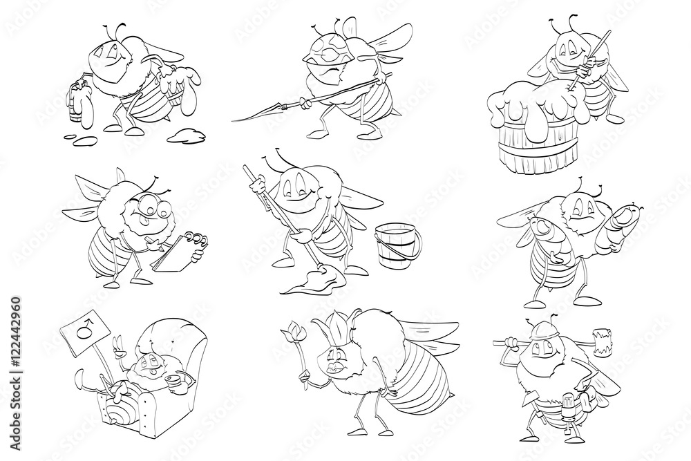 Vector set of cartoon black and white line drawings of bees. Workers, soldiers, male and a queen