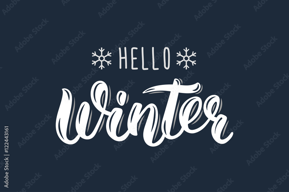 Hello Winter. Trendy hand lettering quote, fashion graphics, art print for posters and greeting cards design. Calligraphic isolated quote in white ink. Vector