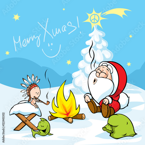 Merry Xmas - Santa with baby Jesus sitting by the fire and smokes Indian peace pipe, vector illustration cartoon