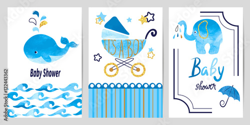 Baby shower boy set. Vector invitation card design.