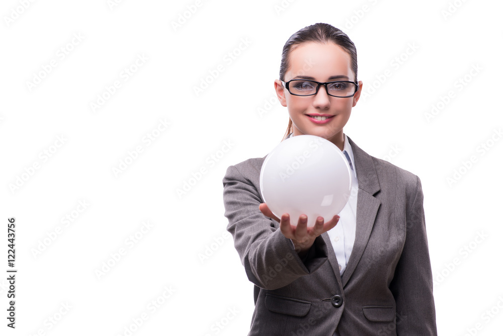 Woman holding crystall ball isolated on white Woman holding crystall ball isolated on white